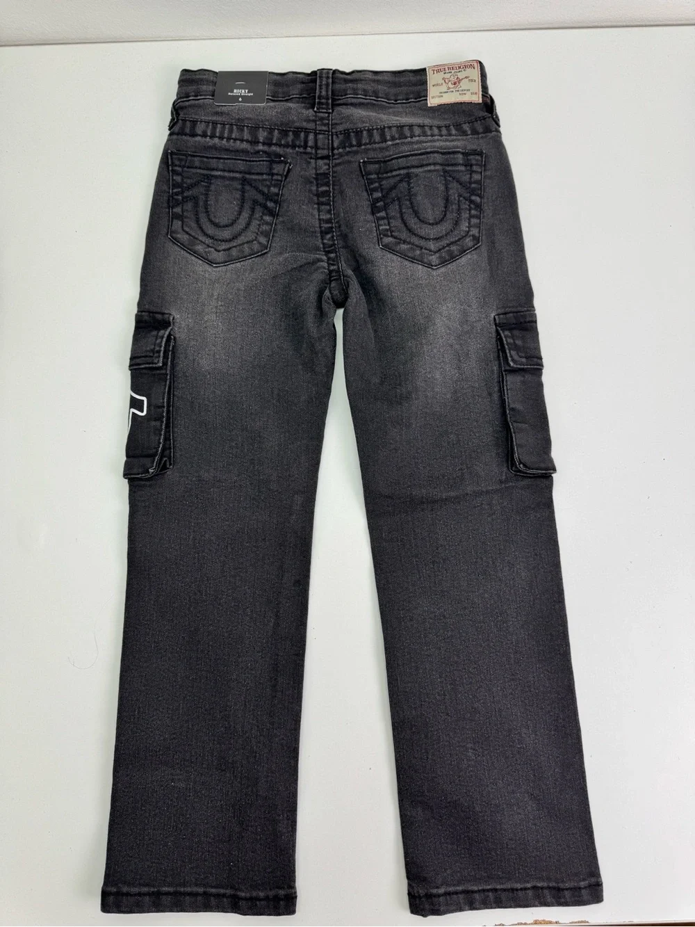 True Religion Charcoal Black Cargo Jeans with White Horseshoe